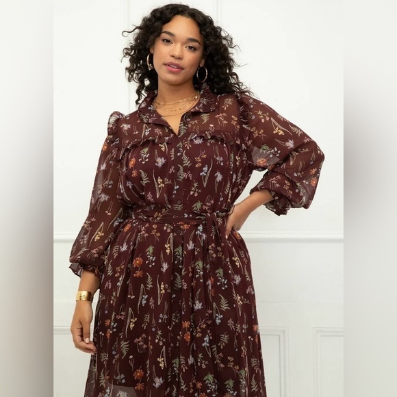 ELOQUII Elements Midi Shirtdress Ruffles Purple Floral Sheer Chiffon Size 22 - Picture 2 of 14